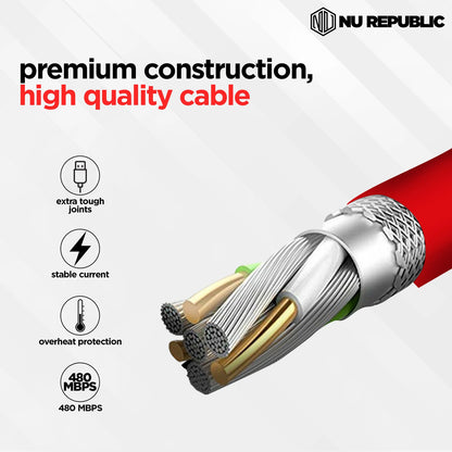 Nu Republic Blaze Supersonic Fast Charging 1 m Type C To Type C Charging Cable, 65 Watts 480 Mbps (Red) 1.0 unit