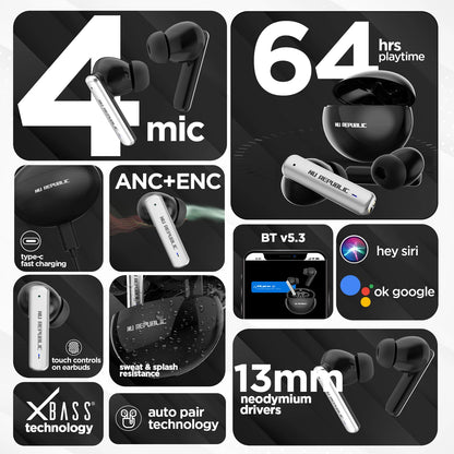 Nu Republic Epic ANC In Ear Truly Wireless Earbuds With Mic, 64 hours Playtime, ANC, Bluetooth V5.3 (Green) 1.0 pack