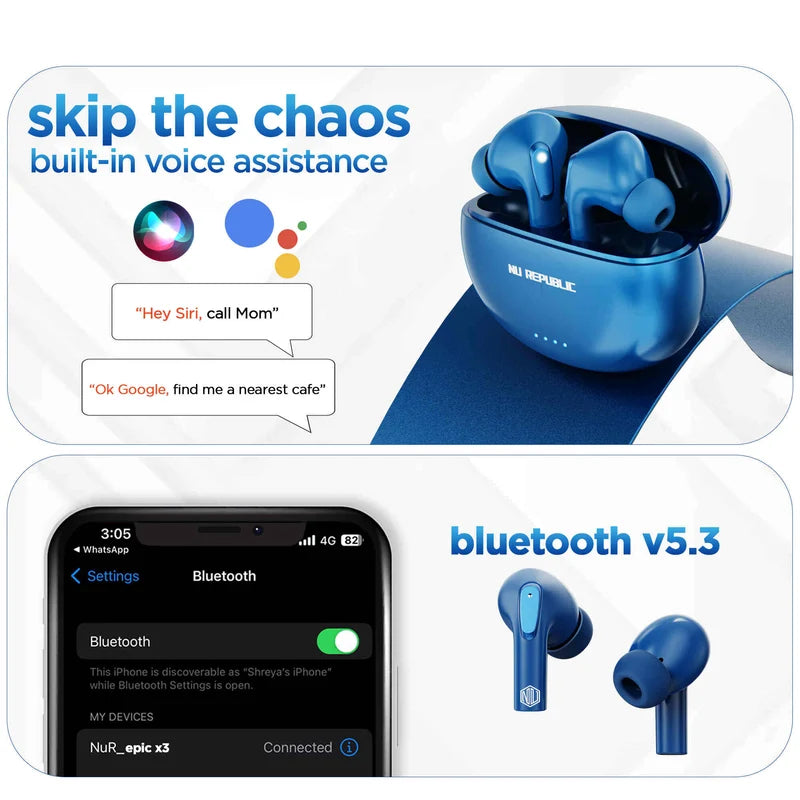 Nu Republic Epic X3 In-Ear Truly Wireless Earbuds With Mic, 48 Hours Playtime, ENC, IPX4, Bluetooth v5.3 (Blue) 1.0 unit