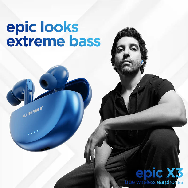 Nu Republic Epic X3 In-Ear Truly Wireless Earbuds With Mic, 48 Hours Playtime, ENC, IPX4, Bluetooth v5.3 (Blue) 1.0 unit