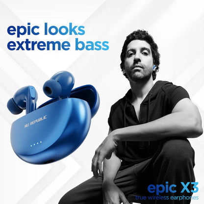 Nu Republic Epic X3 In-Ear Truly Wireless Earbuds With Mic, 48 Hours Playtime, ENC, IPX4, Bluetooth v5.3 (Blue) 1.0 unit