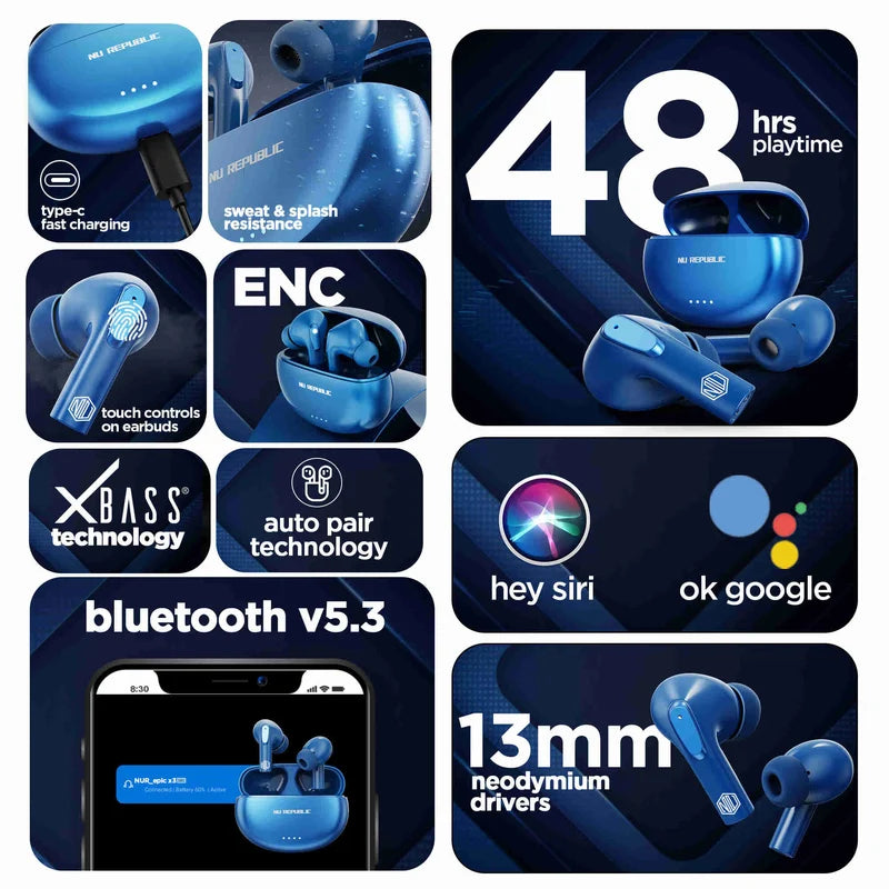Nu Republic Epic X3 In-Ear Truly Wireless Earbuds With Mic, 48 Hours Playtime, ENC, IPX4, Bluetooth v5.3 (Blue) 1.0 unit