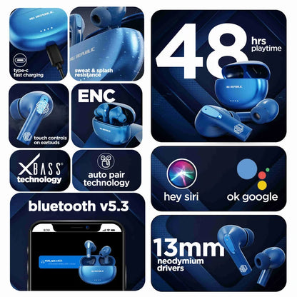 Nu Republic Epic X3 In-Ear Truly Wireless Earbuds With Mic, 48 Hours Playtime, ENC, IPX4, Bluetooth v5.3 (Blue) 1.0 unit