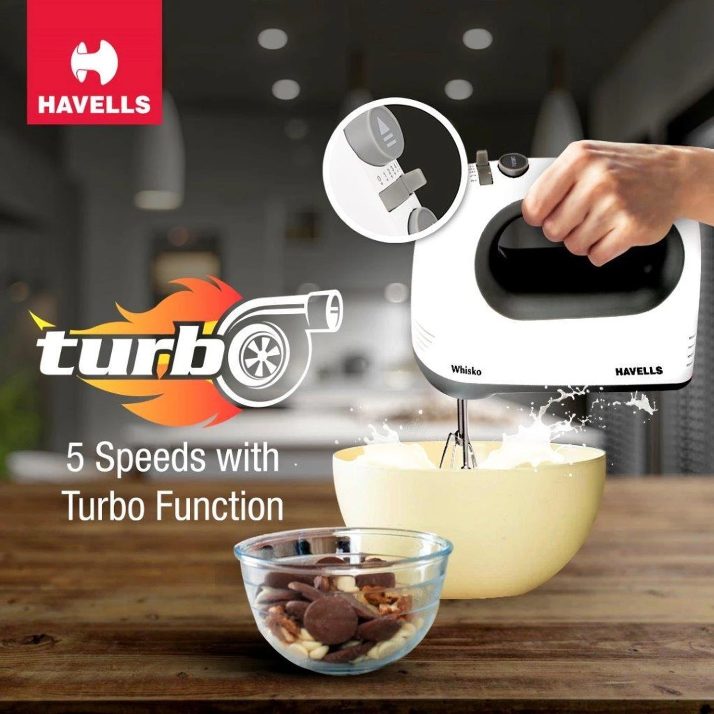 Havells Whisko Hand Mixer, Stainless Steel, 300W