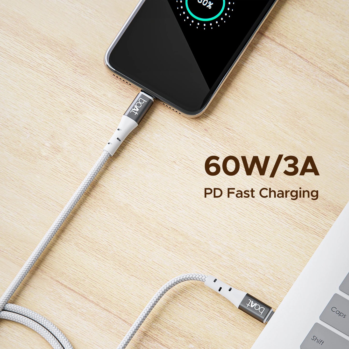 boAt C300 3A Fast Charging 1.5 m Type C to Type C Charging Cable, 60 Watts 480 Mbps, Nylon Braided (White) 1.0 Piece