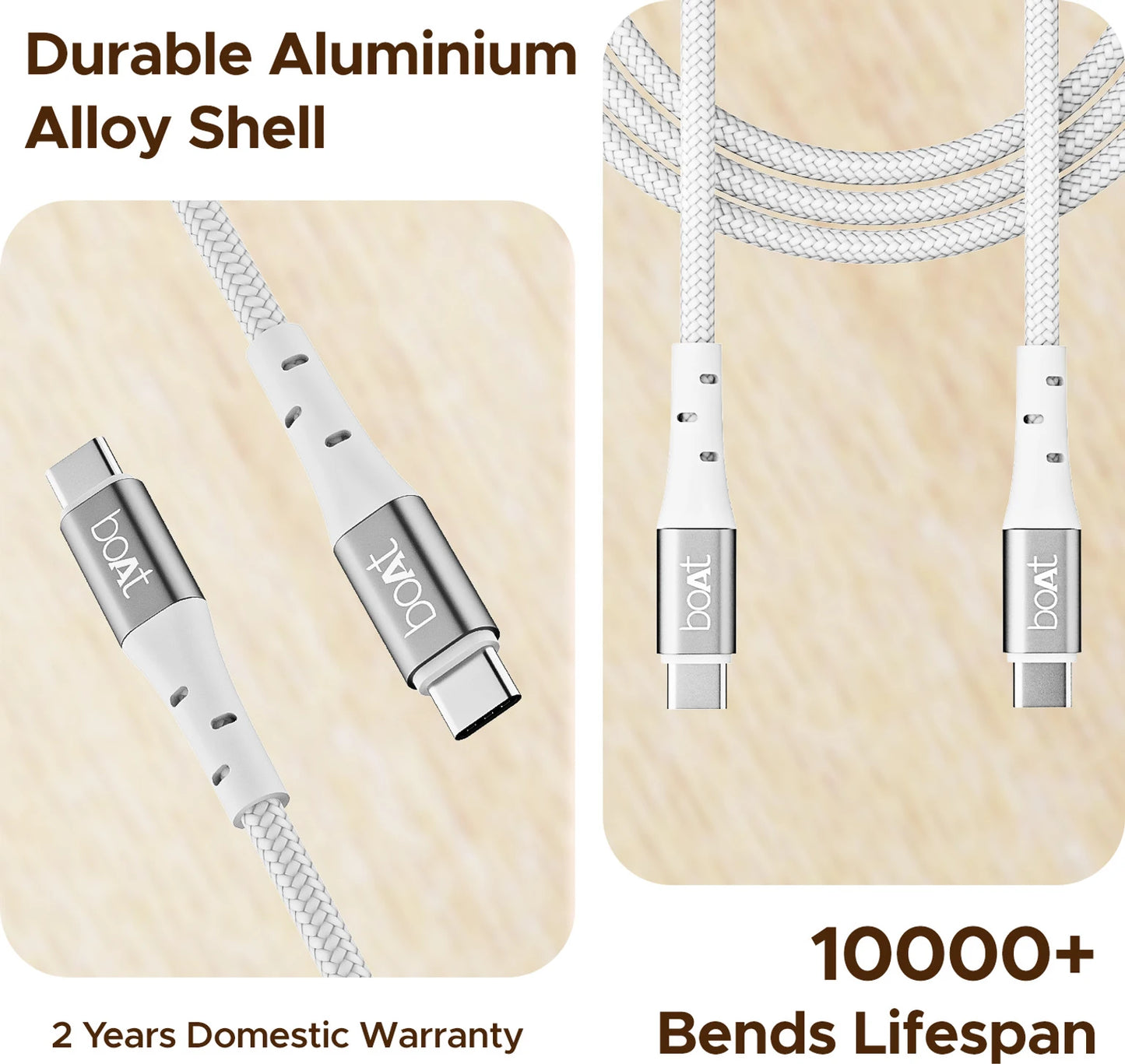 boAt C300 3A Fast Charging 1.5 m Type C to Type C Charging Cable, 60 Watts 480 Mbps, Nylon Braided (White) 1.0 Piece