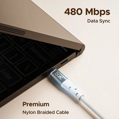 boAt C300 3A Fast Charging 1.5 m Type C to Type C Charging Cable, 60 Watts 480 Mbps, Nylon Braided (White) 1.0 Piece