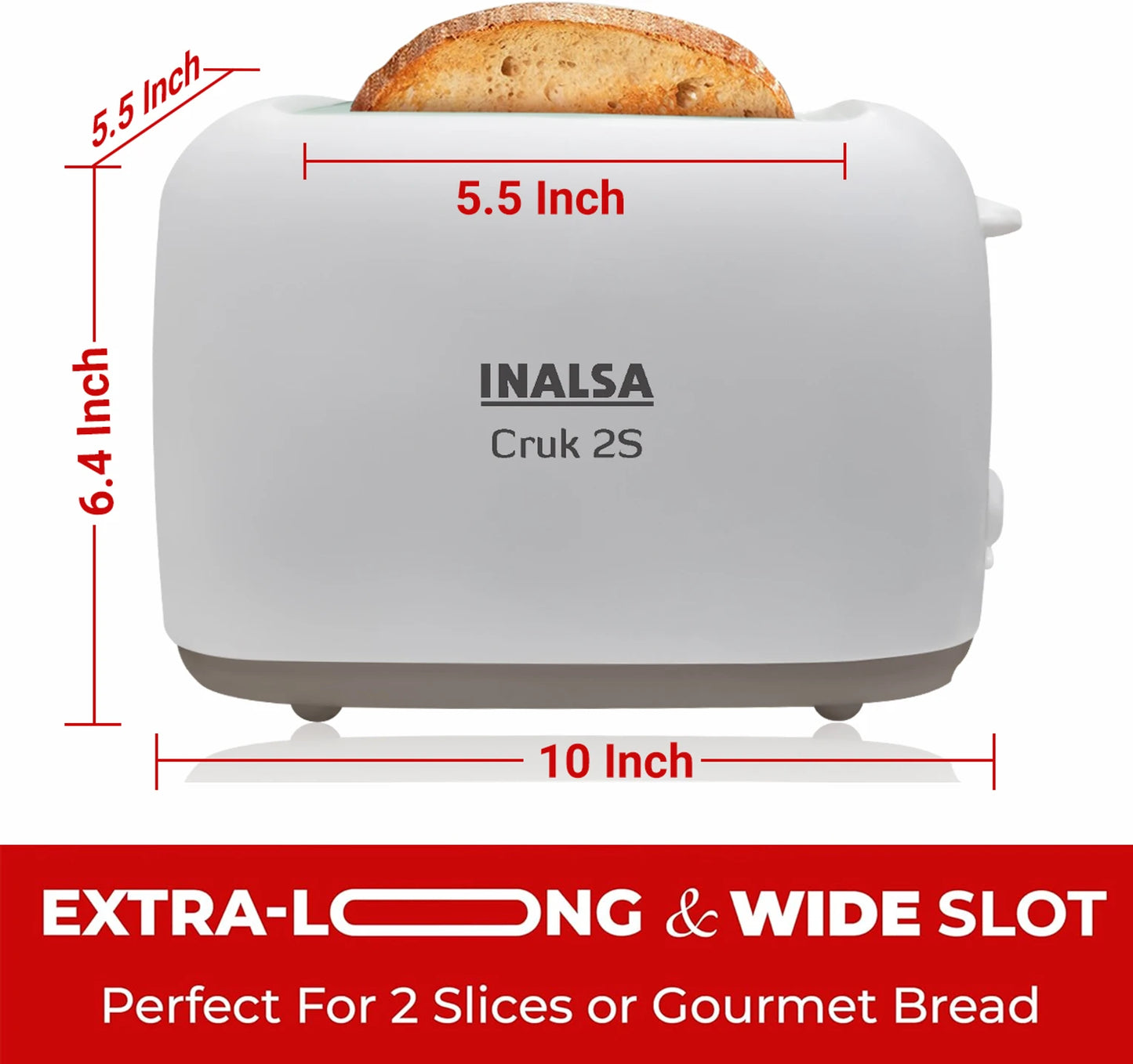 Inalsa Cruk 2S 750 Watt 2 Slice Pop-Up Toaster with 6-Level Browning Control (White) 1.0 unit