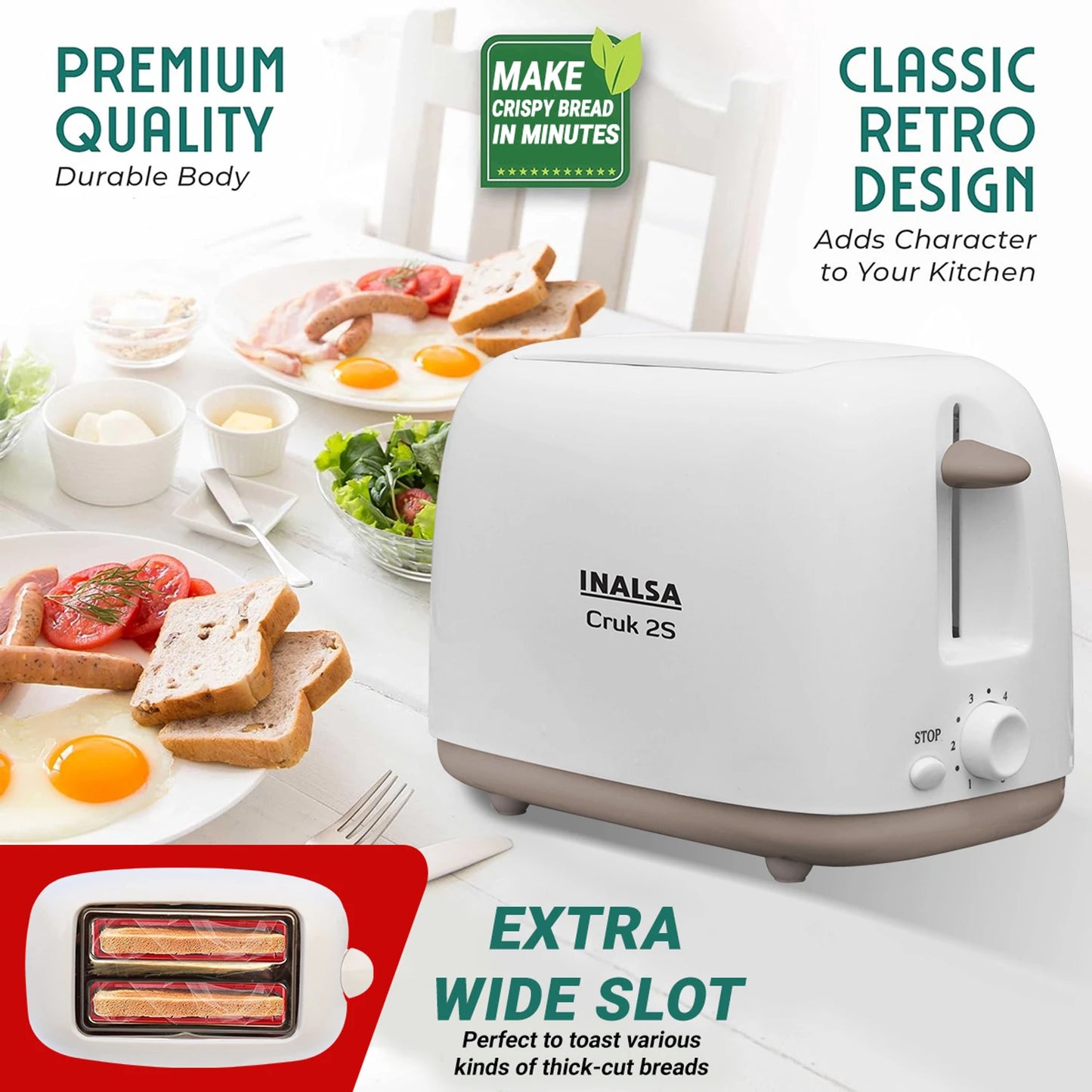 Inalsa Cruk 2S 750 Watt 2 Slice Pop-Up Toaster with 6-Level Browning Control (White) 1.0 unit