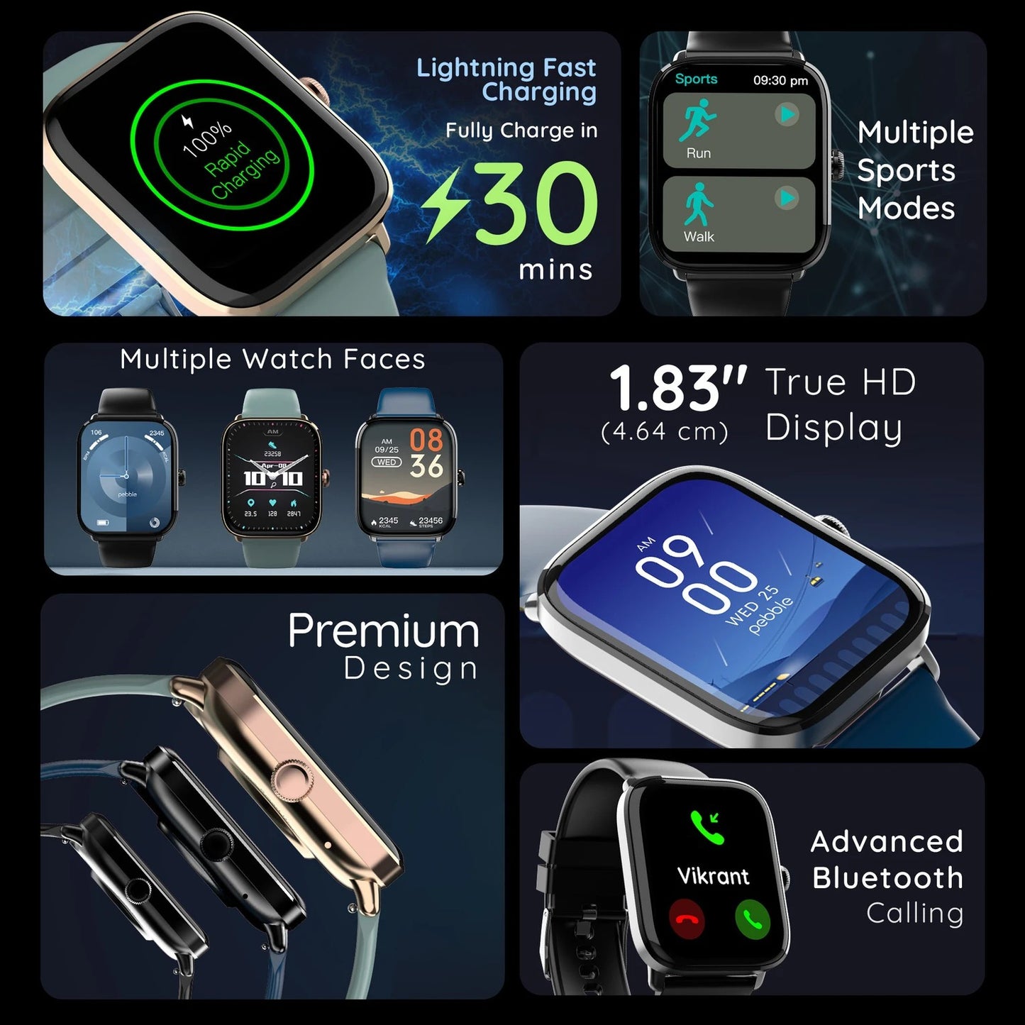 Pebble Ultra Rapid 30 Min Full Charge 1.83" HD Display, Premium Metal Build, BT Calling Smartwatch (Jet Black Strap, Free Size)
