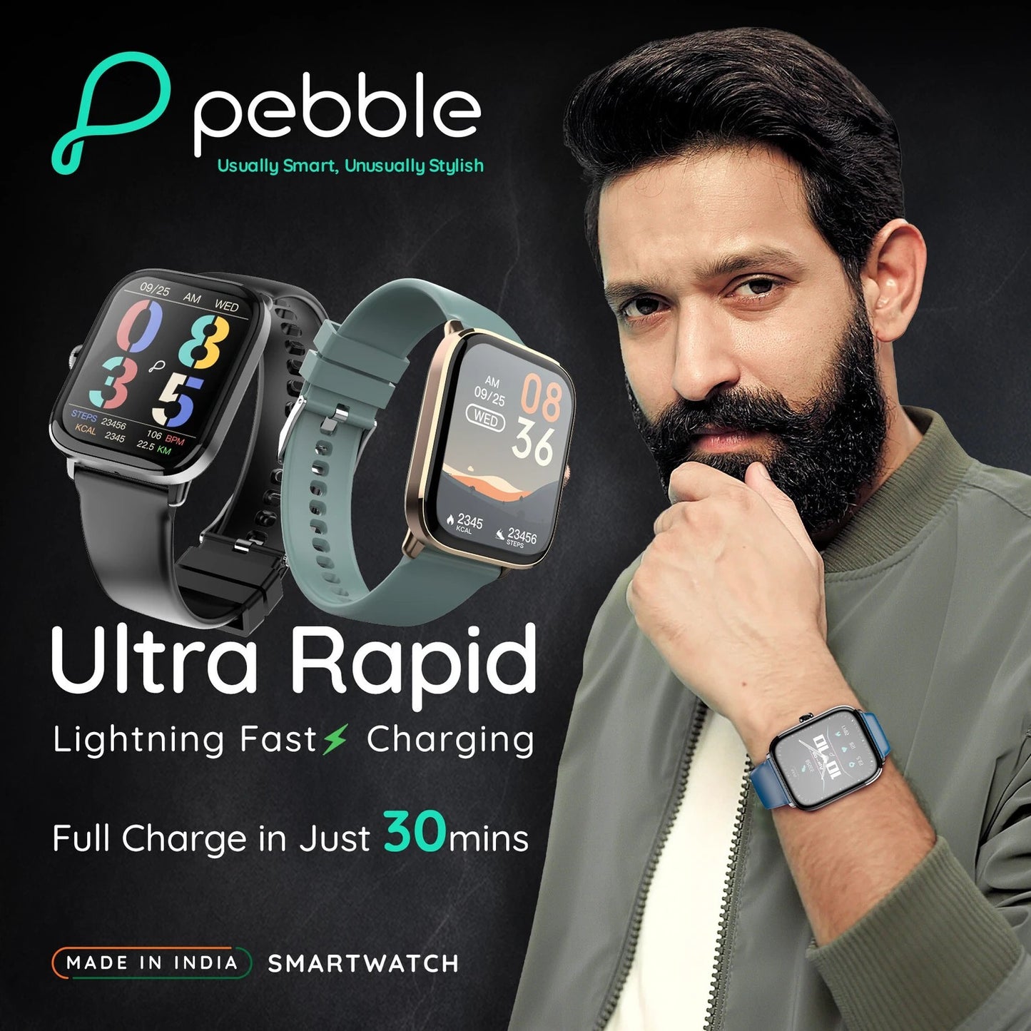 Pebble Ultra Rapid 30 Min Full Charge 1.83" HD Display, Premium Metal Build, BT Calling Smartwatch (Jet Black Strap, Free Size)