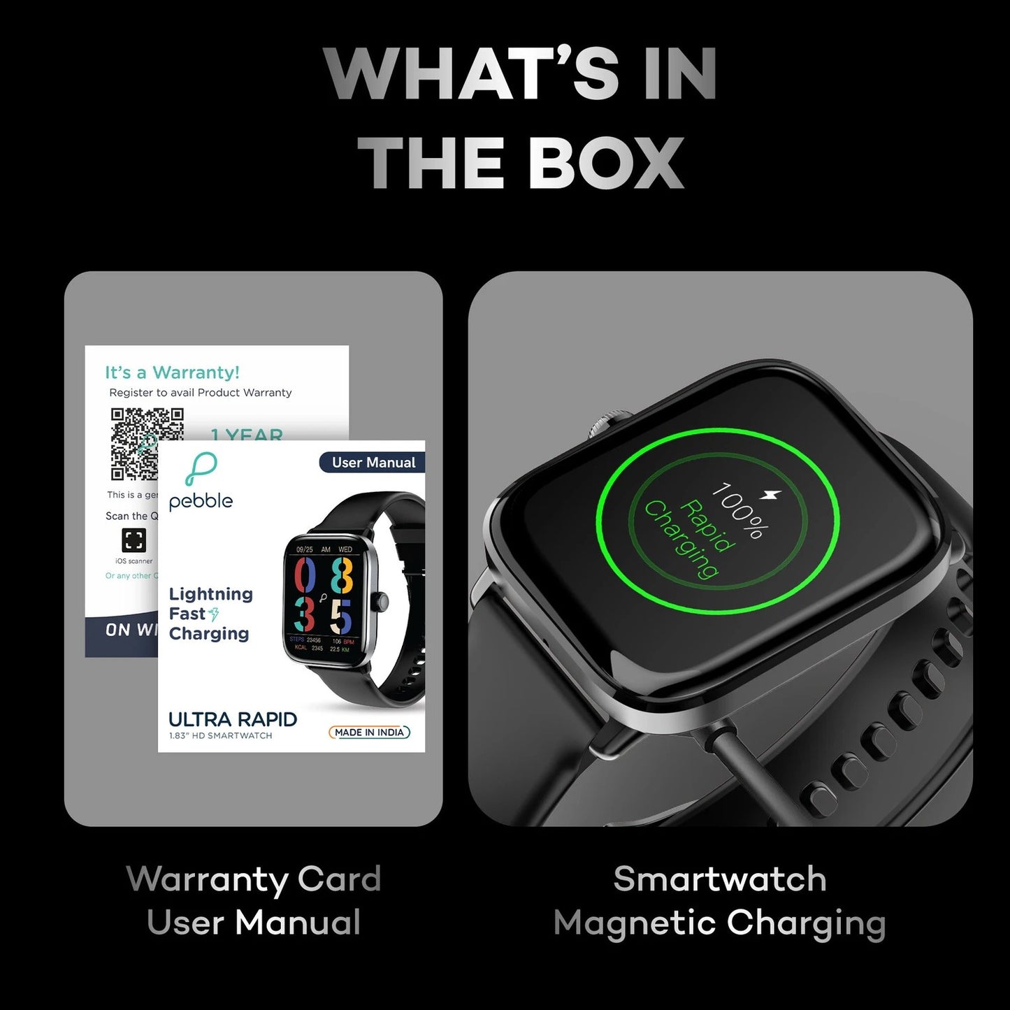 Pebble Ultra Rapid 30 Min Full Charge 1.83" HD Display, Premium Metal Build, BT Calling Smartwatch (Jet Black Strap, Free Size)