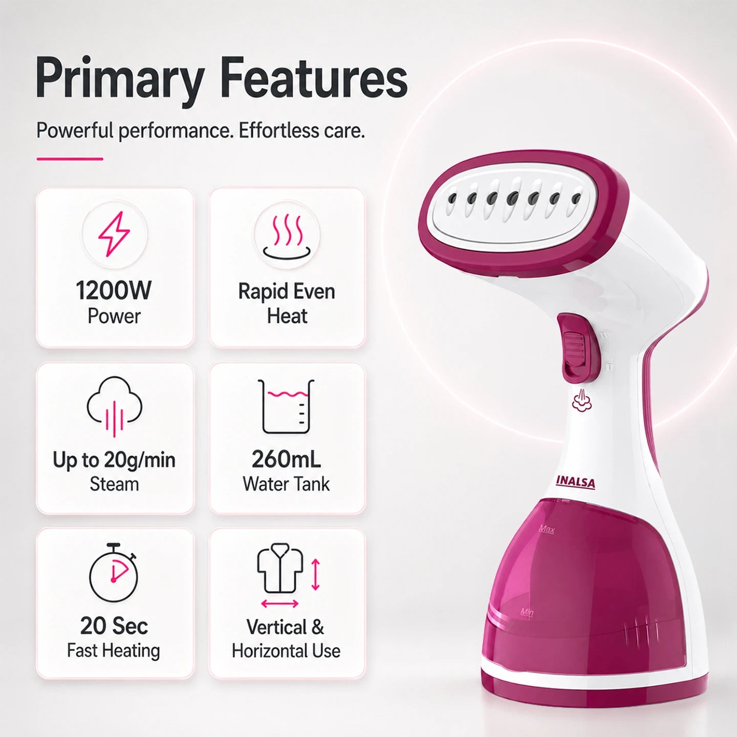 Inalsa Steamax Garment Steamer, 1200W (White & Red) 1.0 unit