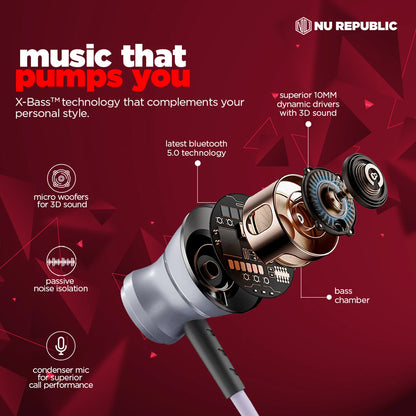 Nu Republic Pulse In-Ear Bluetooth Neckband With Mic, 50 Hrs Playtime, PNC, IPX4, Bluetooth v5.0 (Blue) 1.0 unit