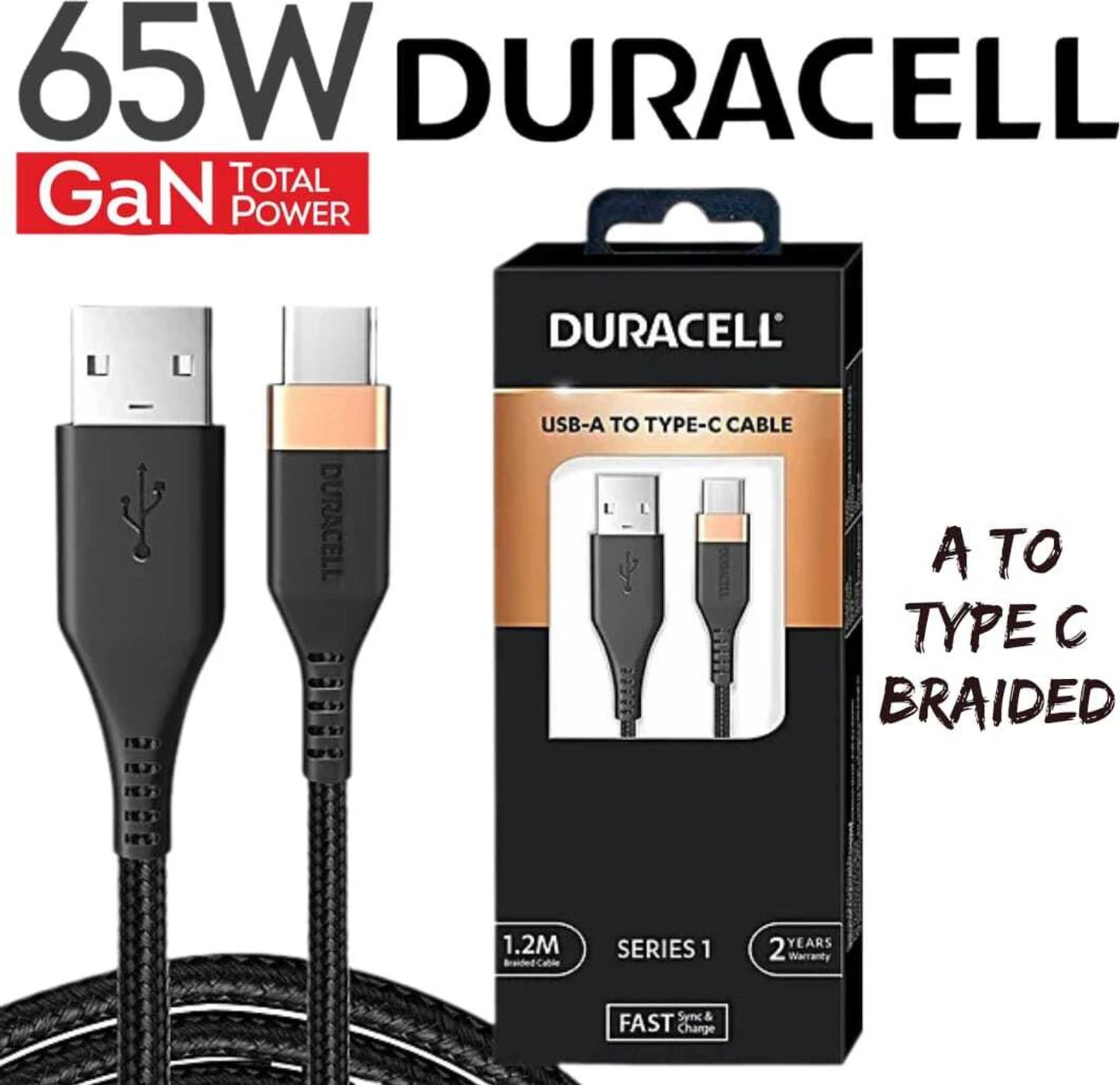 Duracell USB-A to Type-C 65W Braided Fast Charging Cable QC 2.0/3.0 (Black, 1.2m) 1.0 box