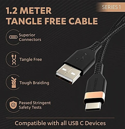 Duracell USB-A to Type-C 65W Braided Fast Charging Cable QC 2.0/3.0 (Black, 1.2m) 1.0 box